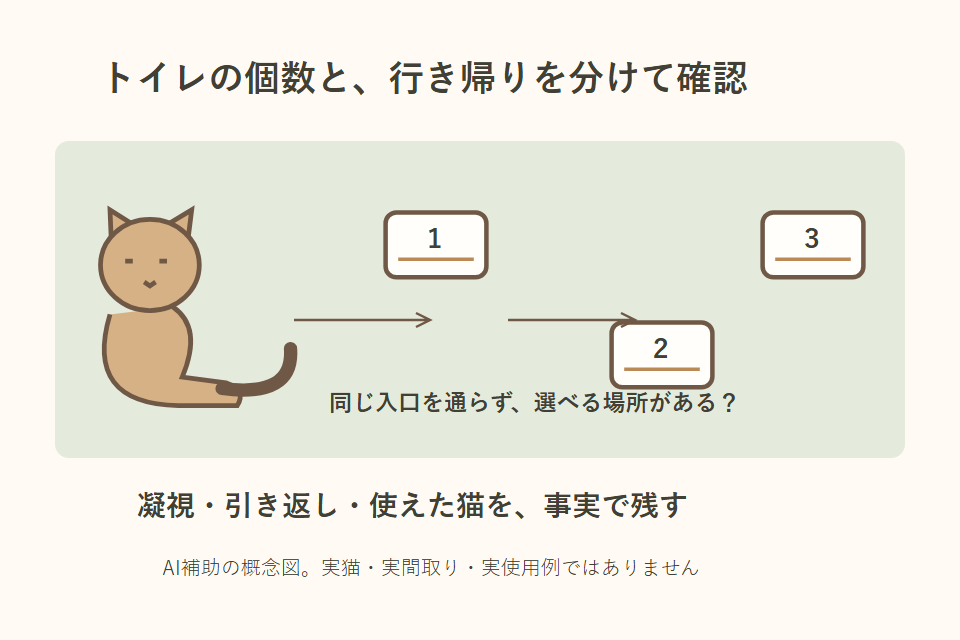 トイレの個数と、猫が選べる行き帰りを分けた独自説明図