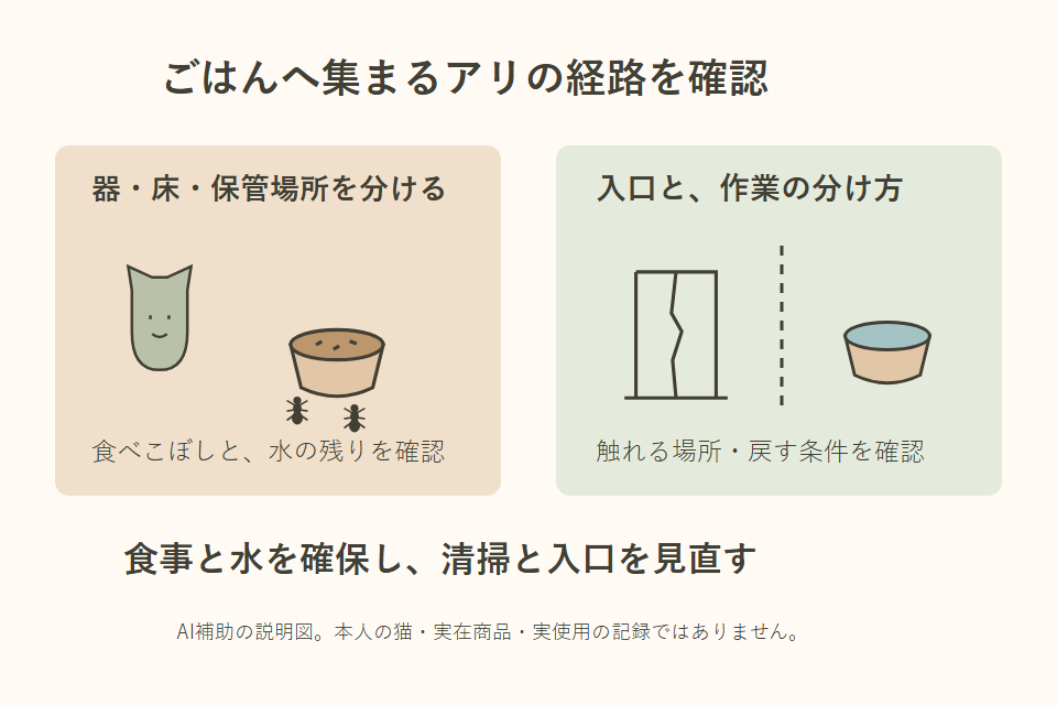 食事の場所とアリの経路を確認する独自説明図