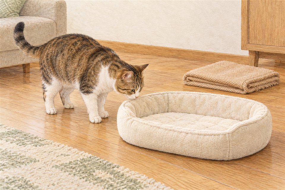 ベッドの縁を確かめる猫と、別に残した清潔な敷物の概念