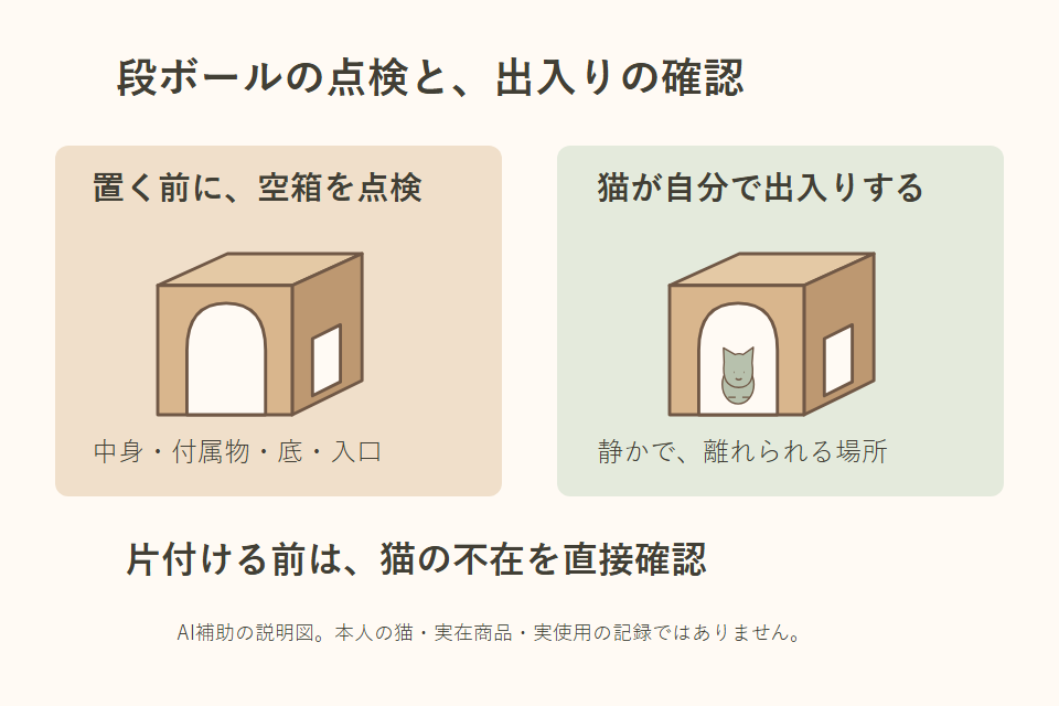 段ボールの点検と出入りの配置を示す独自説明図
