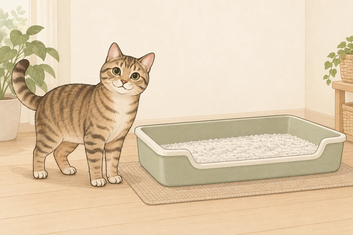 架空の猫と、入口が低く中が広いオープン型トイレを描いた説明イラスト