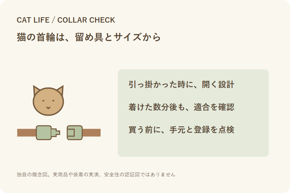猫の首輪の留め具と適合を、買う前に確認する独自説明図
