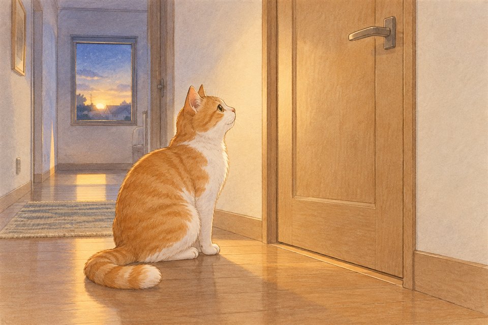 明け方に寝室へ来る説明用猫イラスト