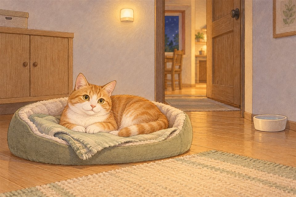出入りできる静かな場所で休む猫と片付いた玩具収納の説明イラスト