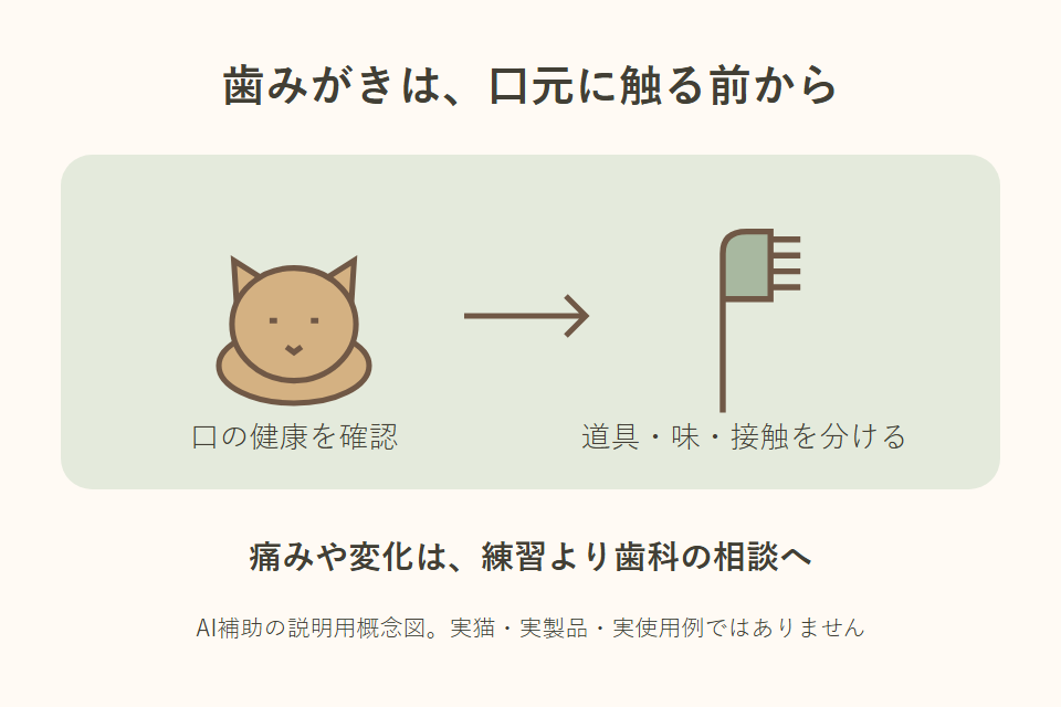 歯みがきの前に口の健康を確認し、小さな段階で慣らす独自説明図