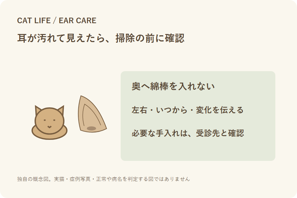 猫の耳の汚れと変化を、掃除の前に確認する独自説明図