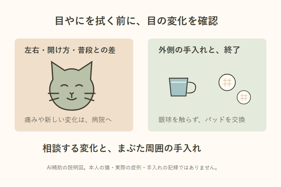 猫の目の変化とまぶた周囲の手入れを整理する独自説明図