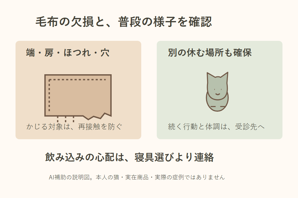 毛布の点検と対象物の保管を示す独自説明図