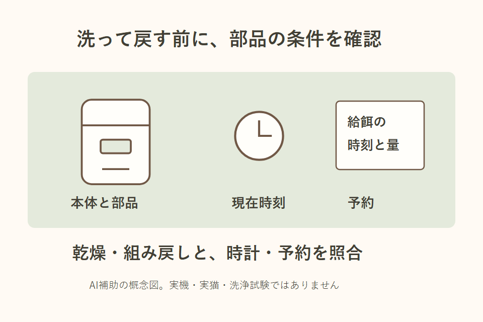 給餌器の部品と時計・予約を分けた独自説明図