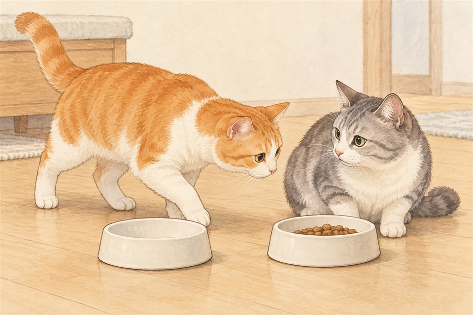 隣の猫の器へ近づく猫と、食べるのを止めた猫の説明イラスト