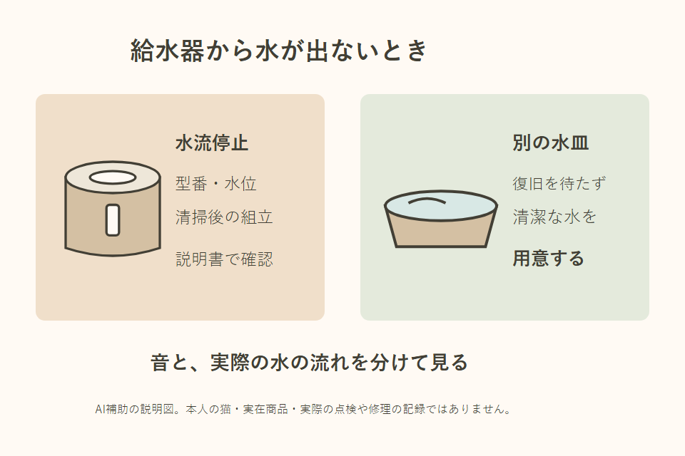 給水器の停止と別の飲み水の確保を整理する独自説明図
