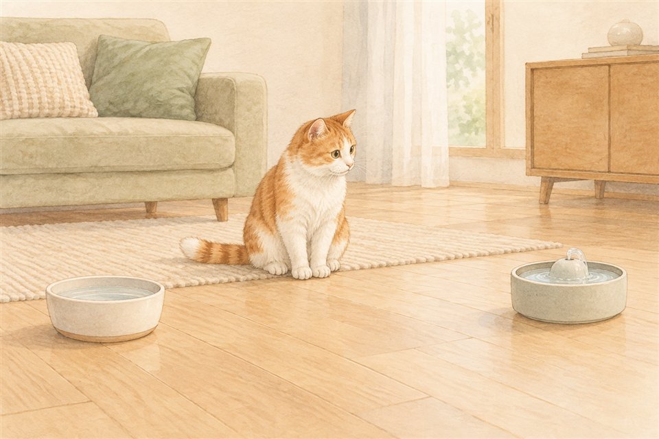 水皿を残し給水器を見直す説明用猫イラスト