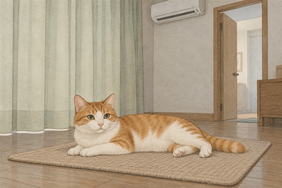 日差しと刺激を減らした静かな部屋で休む猫の説明イラスト
