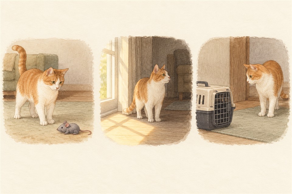 玩具遊びの後、暑い環境、慣れない移動の三つのきっかけを示す猫の説明イラスト
