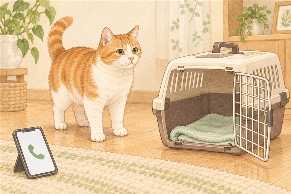 開いたキャリーと連絡用の電話を用意する説明イラスト
