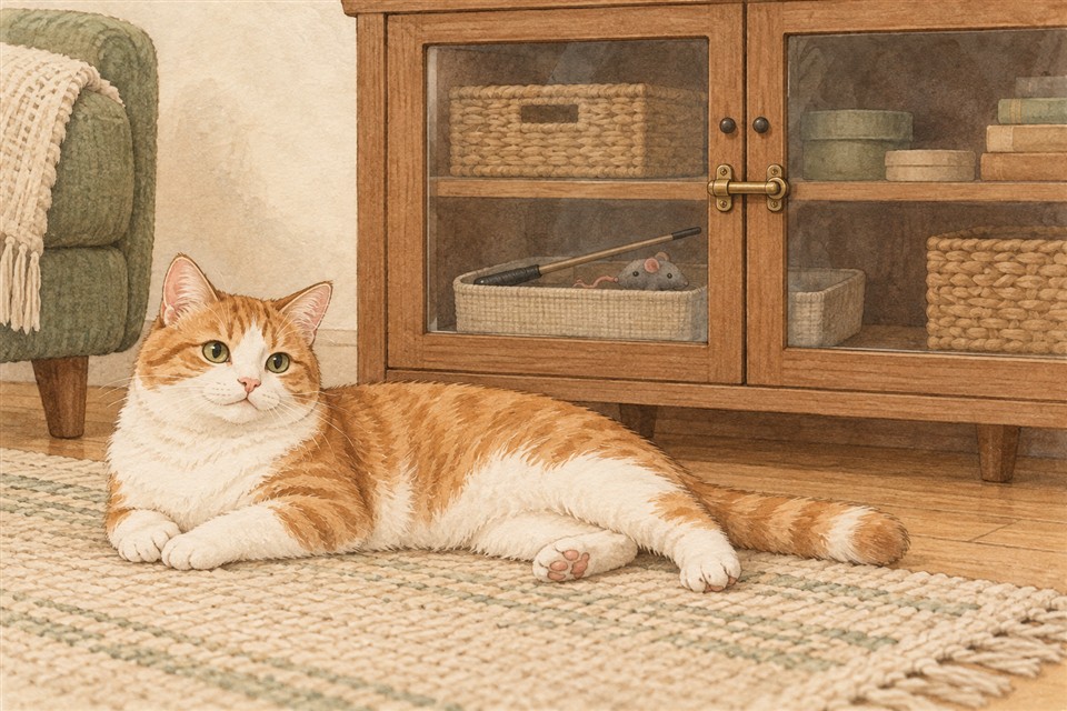 玩具を片付け、猫が休む場所を残す説明イラスト