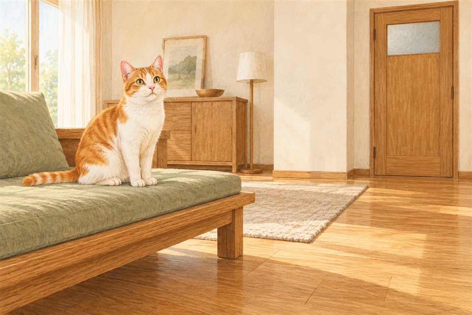 台所と離れた居場所で過ごす猫の説明イラスト