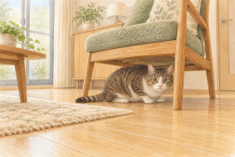 家具の陰に隠れる猫の説明用イラスト