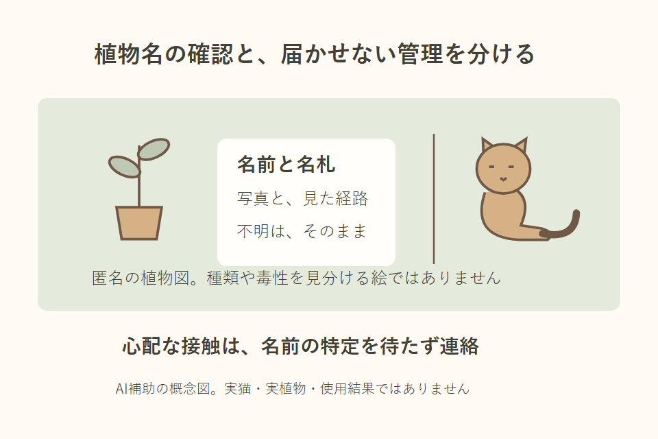 名前の確認と植物・猫の管理範囲を分けた独自説明図