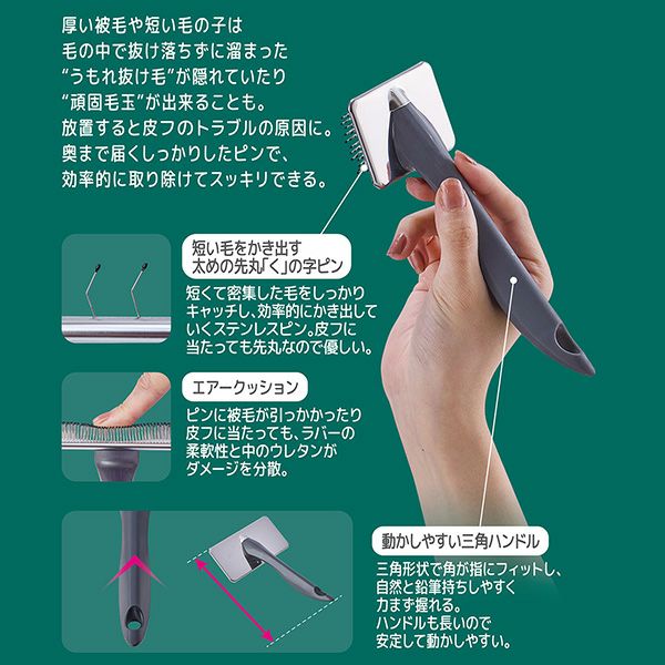 先丸ピン、エアークッション、三角ハンドルを示したメーカー説明画像（Petio掲載）