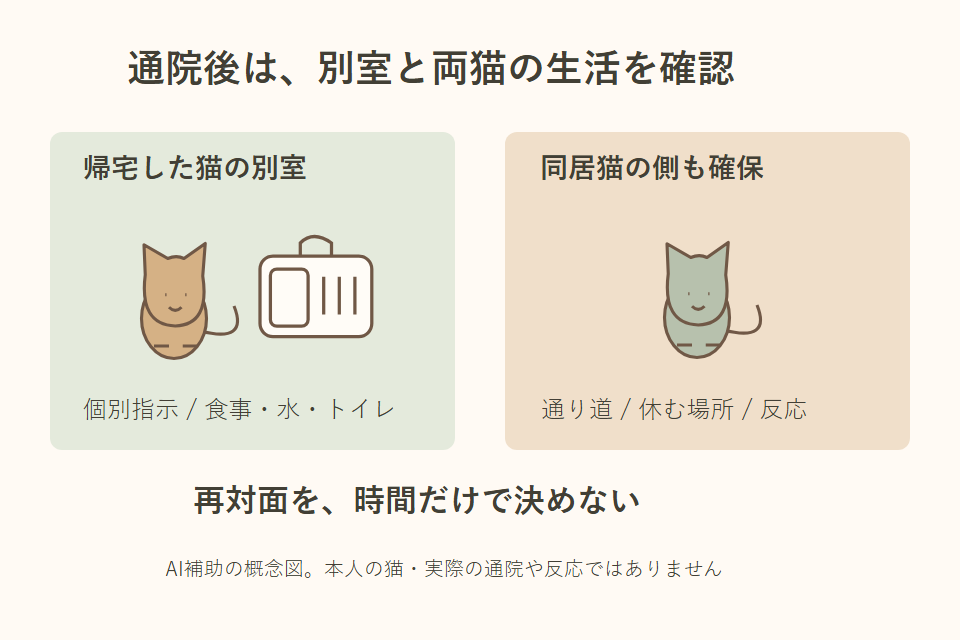 通院後の別室と各猫の生活を分けた独自説明図