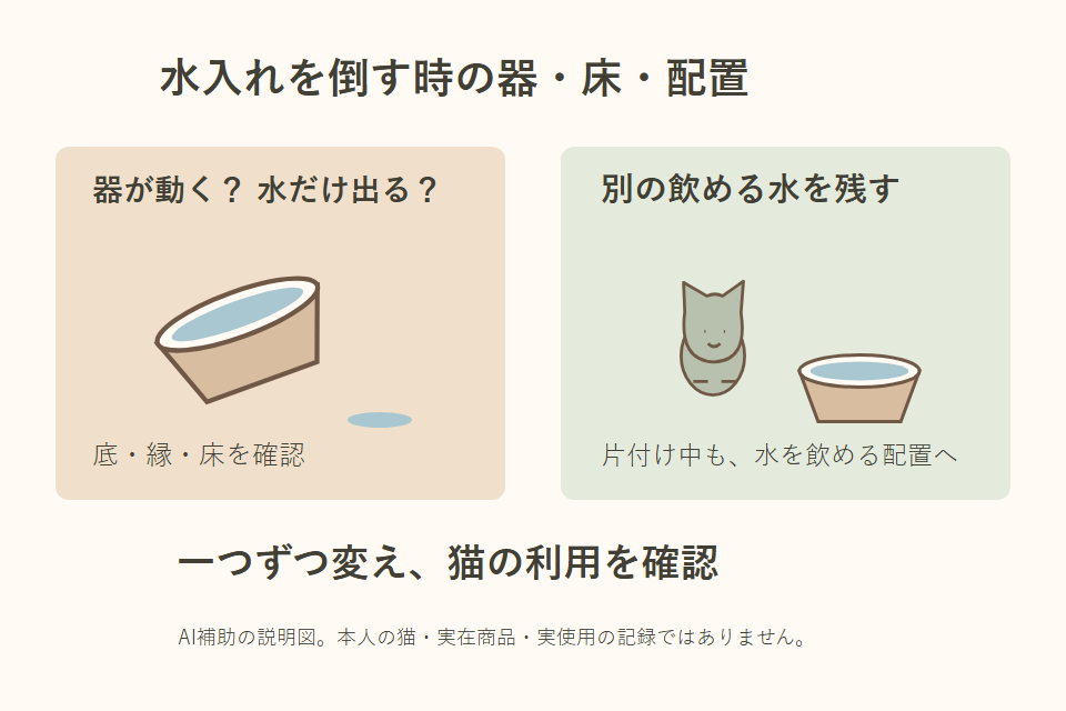 水皿の点検と別の飲み水を示す独自説明図