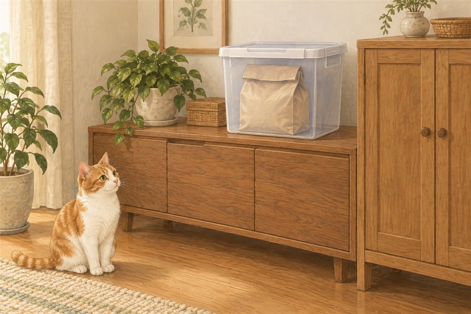 袋を入れた容器と離れて座る猫の説明用イラスト