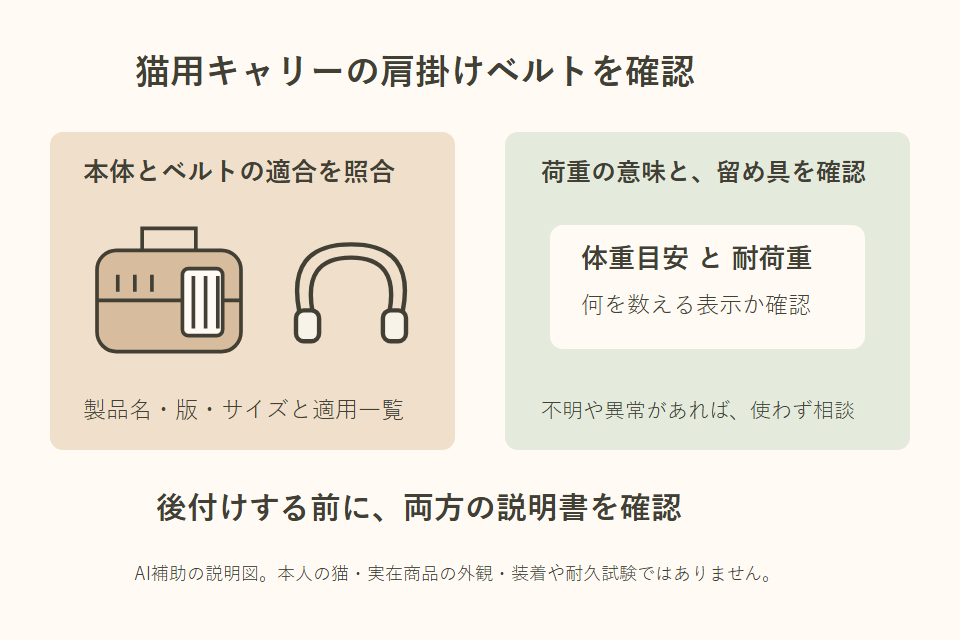 猫用キャリーの後付けベルトの適合と点検を整理する独自説明図