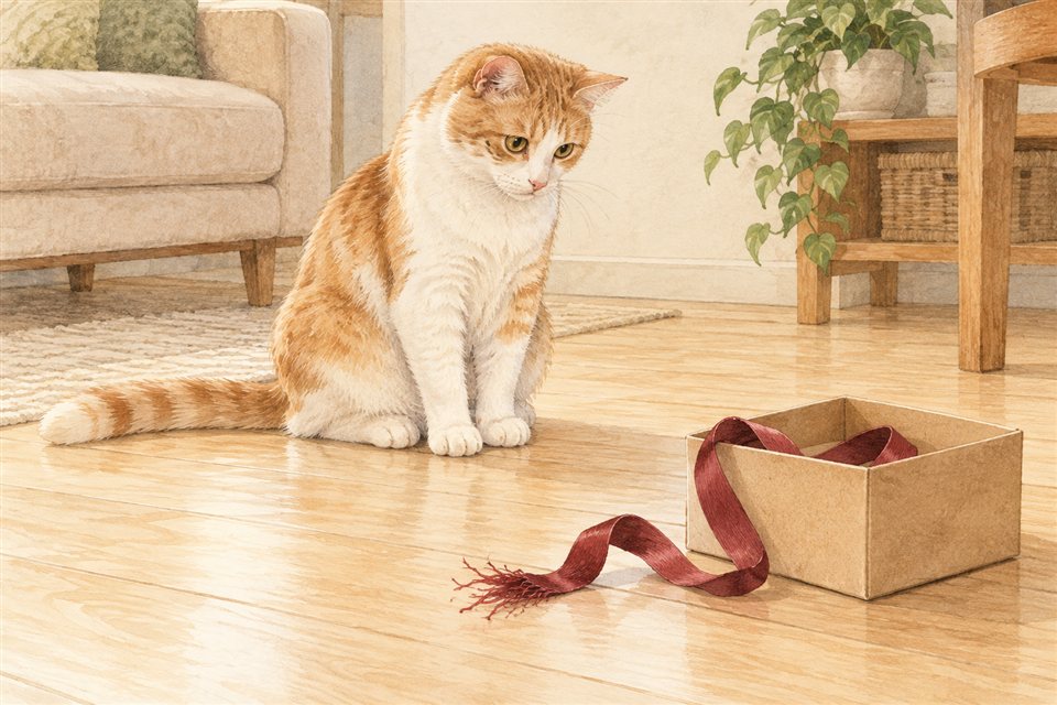 包装用リボンと離れて座る猫の説明用イラスト