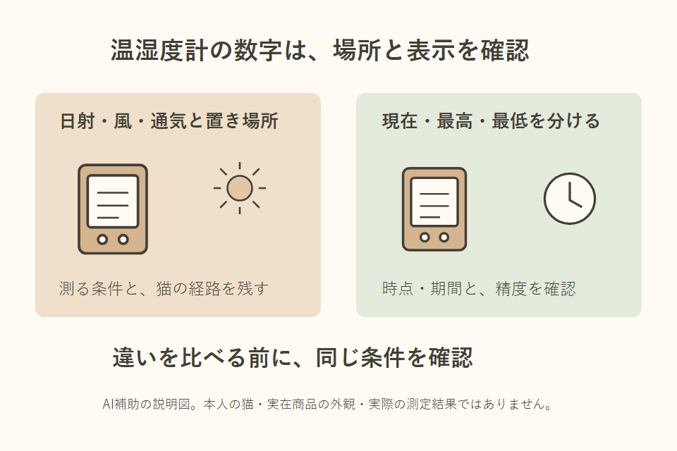 温湿度計の置き場所と表示の違いを整理する独自説明図
