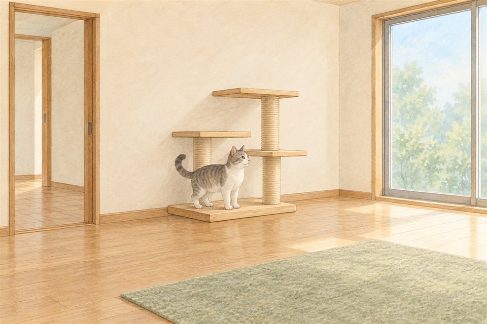 タワーと猫の行き来する空間を示す説明用イラスト
