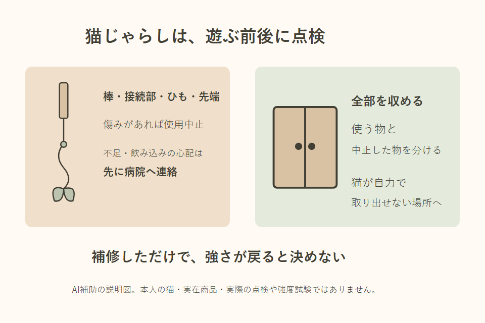 猫じゃらしの点検と保管を整理する独自説明図