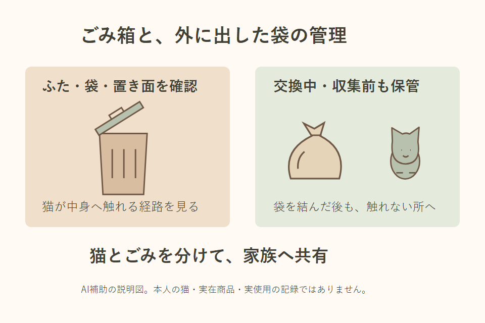 ごみ箱と外袋への接触を分ける独自説明図