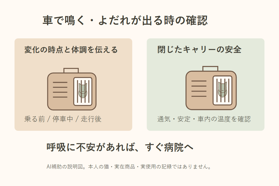 車での変化と閉じたキャリーの確認を示す独自説明図