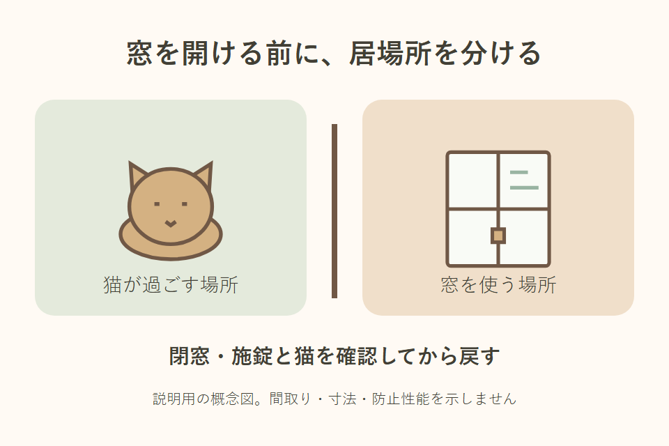 猫の居場所と窓作業を分け、閉窓と施錠を確認する独自説明図