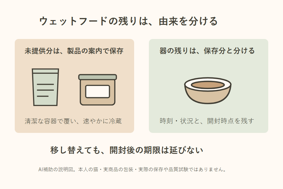 ウェットフードの残りの由来と保存を整理する独自説明図
