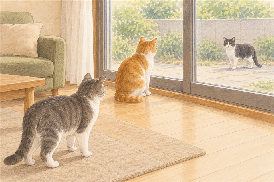 窓の外の猫と室内猫の位置を示す説明用イラスト